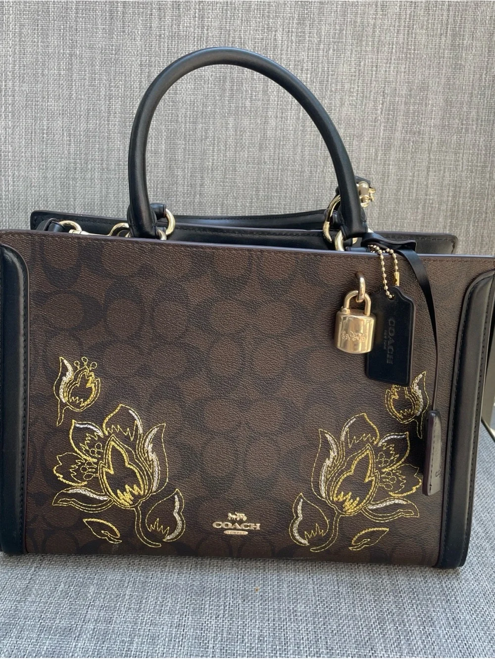 Coach Zoe Carryall Satchel Black Leather Top Handle Zip Gold Hardware Pocket
